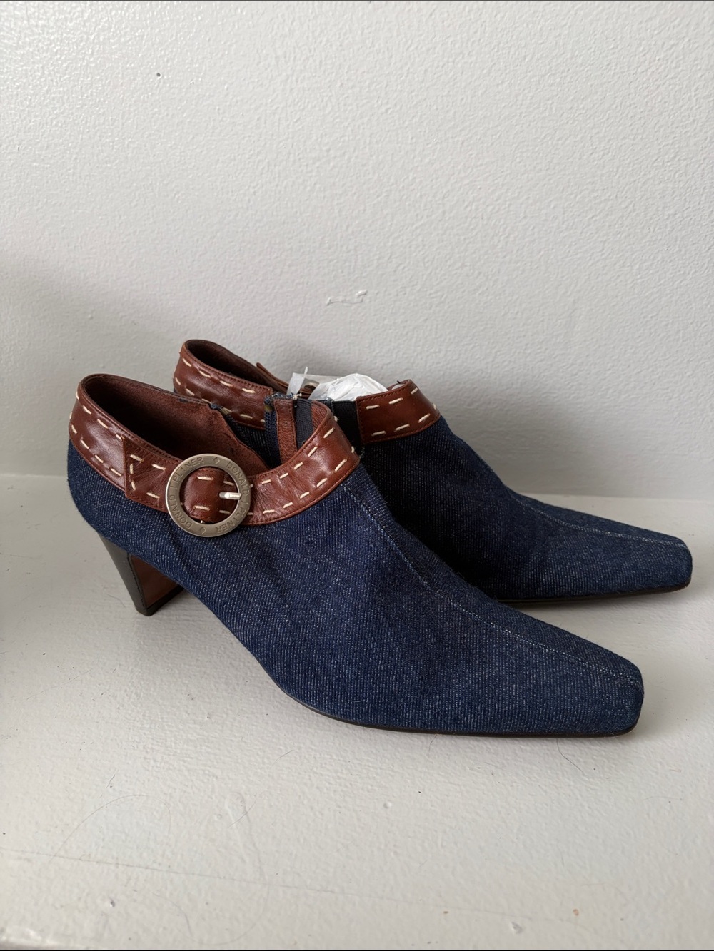 Donald J. Pliner Navy Denim Heeled Ankle Shoes with Brown Trim